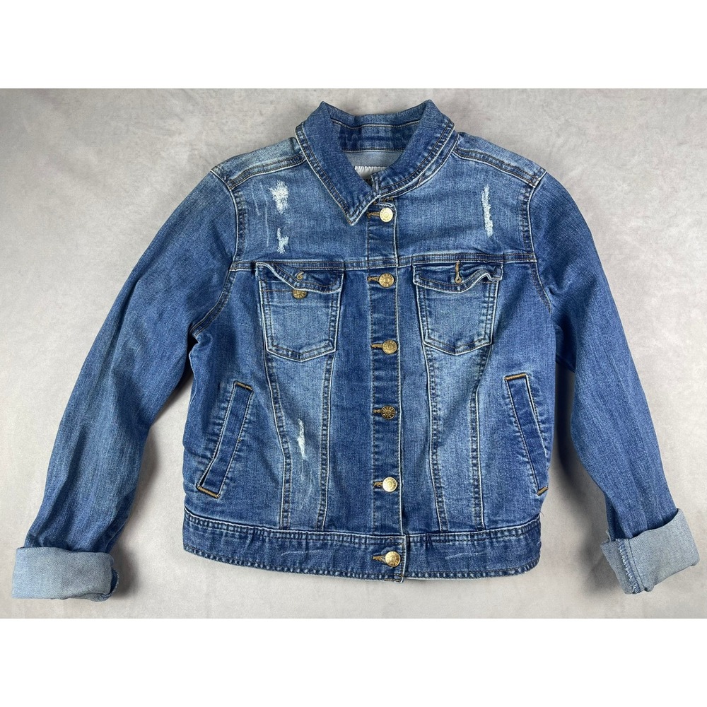 Celebrity Pink Womens Medium Wash Distressed Denim Trucker Jacket‎ CJ60142TY M